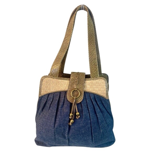 Denim Faux Alligator Shoulder Bag Bucket Boho Purse Dbl Handle - Picture 1 of 7